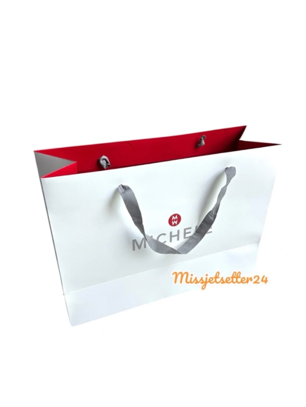 Large Michele Watch MW White Shopping Bag With Gray Ribbon Handles